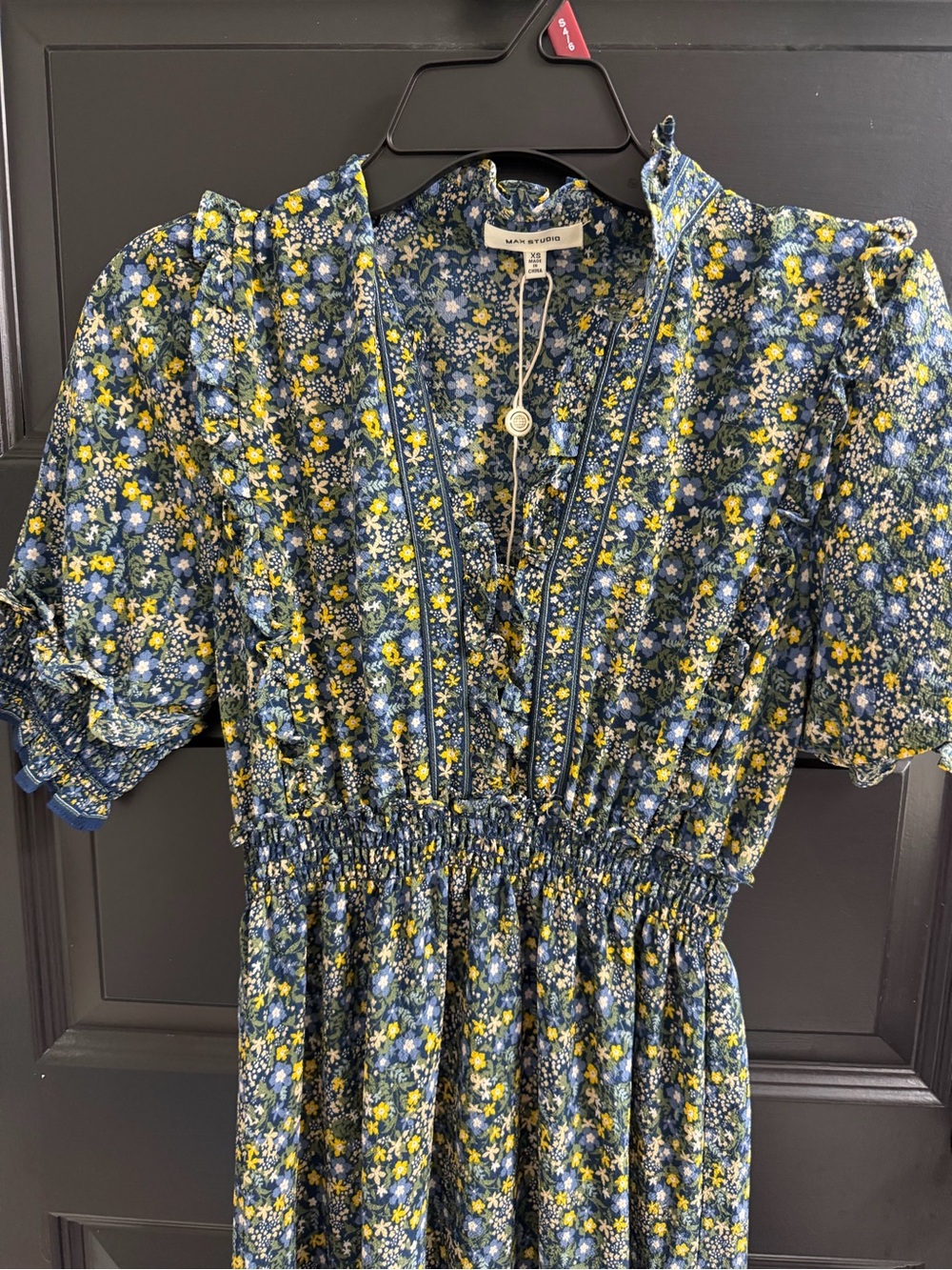 Max Studio Floral Smocked Midi Maxi Dress XS Blue Yellow Puff Sleeve - Picture 6 of 12